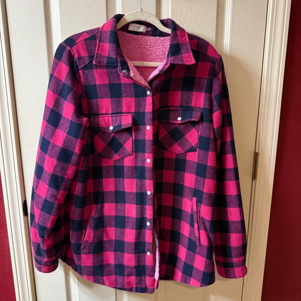 Bluiivy Pink Black Buffalo Plaid Sherpa Lined Shacket Shirt Jacket Women L